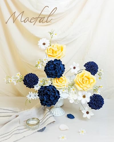 16pcs Navy Blue Artificial Peonies with Vintage Burnt Edge - Real Touch Foam Fake Peony Flowers with Stems & Leaves for DIY Wedding Bouquets, Centerpieces, Arch, Bridal Shower Decor - color: Navy Blue