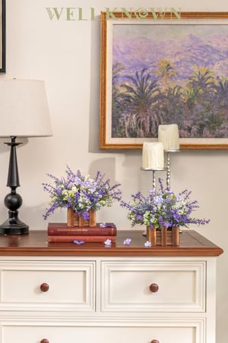 WELL KNOWN Artificial Lavender Plants in Wooden Baskets, Artificial Mini White Flower Arrangement in Planter for Home Hotel Office Table Wedding Centerpieces & Gift(Set of 2) - color: Lavender