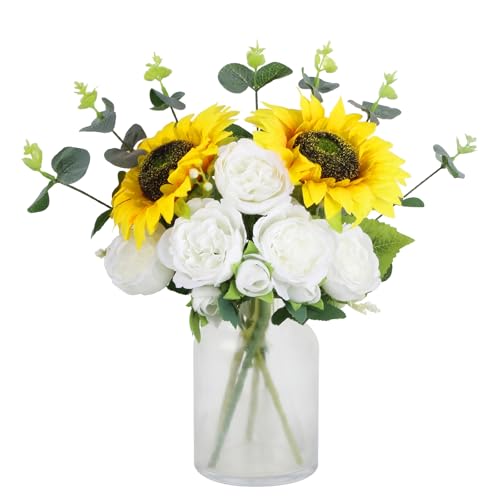 Sunflower Artificial Flowers Mixed Silk Fake Peonies Bouquet with Eucalyptus Stems for Floral Arrangement Spring Wedding Bride Home Table Centerpiece Decorations(White) - color: White