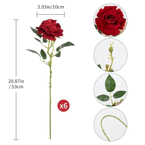 6Pcs Burgundy Roses Artificial Flowers Real Touch Velvet Roses Fake Flowers with Stems for Vase Table Centerpiece Home Wedding Party Garden Decoration(Dark Red) - color: Dark Red
