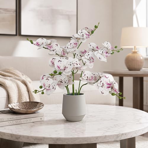 ATFL 6 Pack Ivory Orchid Artificial Flowers Real Touch, 23'' Artificial Fake Faux Silk Orchid Stem Bouquets for Wedding Party Home Garden Decor (6, Ivory White +Burgundy piebald) - color: Ivory White +Burgundy Piebald