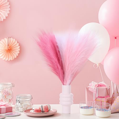 Pink Pampas Grass Decor 17.7 Inch 6pcs, Artificial Pampas Grass for Room Decoration, Blush Faux Pampas for Short Vase, Home Wedding Party Table Centerpieces