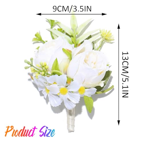 Wedding Rose Boutonniere Groom Flower Buttonholes Prom Suit Decoration for Men (White) - color: White