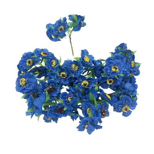 60pcs Mini Artificial Poppy Flowers Heads and Soft Stem,45mm Tiny Anemone Flower Green Leaf for Wedding Make Bridal Hair Clips,Cake Top,Wrist Corsage Boutonniere,Wreath Bracelet Flower (Royal Blue) - color: Royal Blue