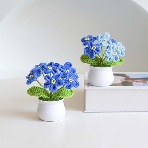 Knitting Crochet Flowers Potted Plants, Fake Forget Me Not Flowers for Friends, Family and Lover, Artificial Handmade Flowers for Valentines Birthday Wedding Gift and Home Decor (Blue) - color: Blue