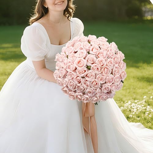 50 PCS Blush Roses Artificial Flowers, Real Looking Fake Roses with Long Stems Silk Flowers for DIY Wedding Bouquet Party Celebration Home Bridal Shower Decoration Valentine's Day Gift for Her Wife - color: Blush