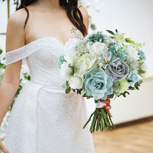 AmyHomie Teal Blue Artificial Flowers Combo Silk Mix Peony Rose Fake Flowers w/Stem for DIY Wedding Bouquets Centerpieces Arrangements Table Fall Decor Party Bridal Baby Shower Home Decorations - color: Teal Blue