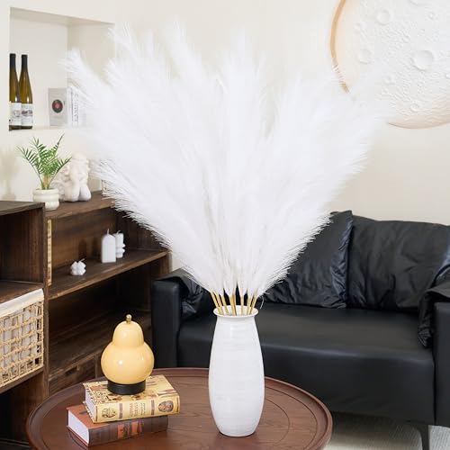 Premium Faux White Pampas Grass Decor 8pcs 43.3″ – Pure Cream Tall Fluffy Pampa Feather Flowers, No Assembly 18-Branch One-Piece Stems for Wedding Boho & Minimalist Home Decor, Floor Vase Arrangement - color: Faux White, size: 8pcs 43.3"(110cm)