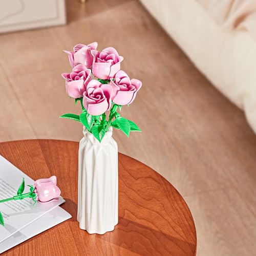 Rose Flower Bouquet Building Set: Artificial Flowers Botanical Collection Blocks Kit for Women Girls Wife Adults Home Decor Thanksgiving Christmas Mother's Day Valentine's Gifts 6-Pack - color: Pink