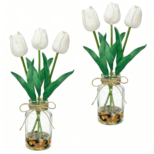 2 Packs Faux Flowers Artificial Tulips in Glass Vase with Faux Water Stone, Poly Foam White Fake Tulips Real Touch Flowers Arrangement for Home Kitchen Wedding Centerpiece Decoration - color: White