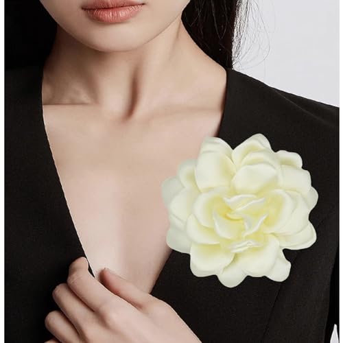 Large Flower Brooches Lapel Pins for Women Satin Fabric Brooches Big Camellia Flower Brooch Pins Wedding Part Dance Clothes Accessories Jewelry Gifts - color: beige