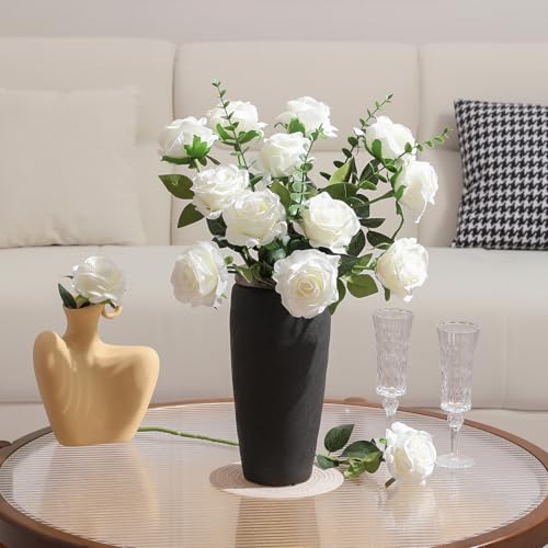 Tifuly White Roses Artificial Flowers -12 pcs Realistic Single Long Stem Fake Silk Roses Bouquet for Party Home Wedding Centerpiece Office DIY Decor（Off White） - color: White