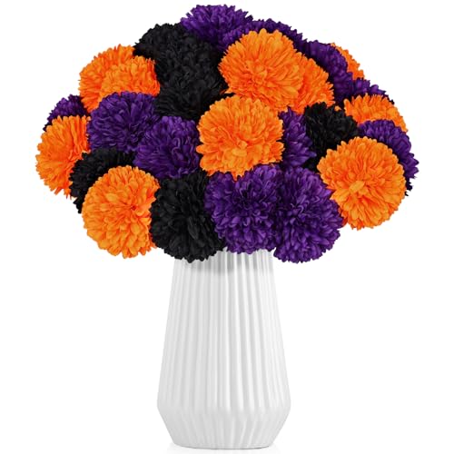 36 Pcs Halloween Artificial Flowers Halloween Chrysanthemums Ball Silk Flowers Black Orange Purple Fake Hydrangea for Halloween Party Home Table Centerpieces Vase Decor - color: Black, Orange, Purple