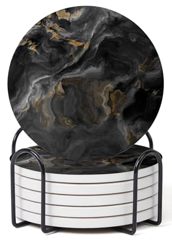 Set of 6 Abstract Black Marble Coasters with Holder, Absorbent Ceramic Coasters for Drinks, Coasters with Cork Backing for Table Protection, Housewarming Gifts for New Home - color: Abstract Black Marble