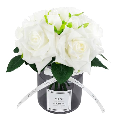 XIAYAN Artificial Flower and Glass vase, Silk Rose Flower Glass Bottle Set, Suitable for Living Room, Dining Table, Office, Wedding, Hotel Banquet and Family Decoration. (White)……… - color: Ivory