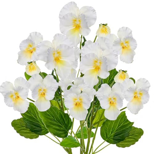 White Artificial Flowers 3 Pack Pansy Flowers Artificial Silk Flowers 18" Realistic Fake Flowers for Decoration Spring Faux Flowers for Vase Home Indoor Wedding Flower Bouquet Table Centerpiece Decor - color: White