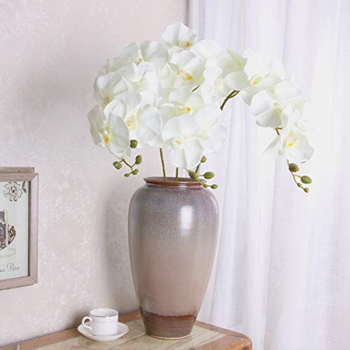 FagusHome 32" Artificial Phalaenopsis Flowers 6 Pcs with 4 Bundles Leaves Artificial Orchid Flowers Stem Plants for Home Décor (6Pcs) - color: White+green