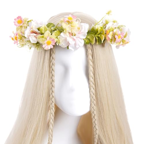 Pink Flower Crown Headband, Artificial Rose Daisy Floral Headpiece, Adjustable Fairy Boho Bridal Flower Crown for Women Girls Renaissance Birthday Wedding Festivals Party Hair Accessories - color: Rose Daisy Pink