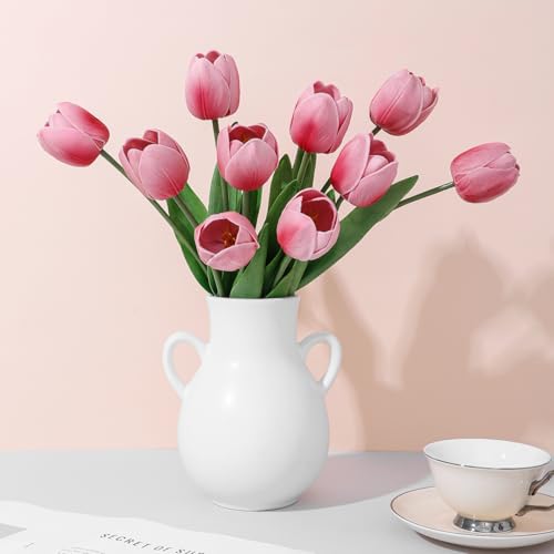 Pink Fake Tulips,18.5" PU Artificial Tulips Flowers for Spring Easter Home Kitchen Wedding Bouquet Bulk Mother's Gift Day Decorations - color: Pink