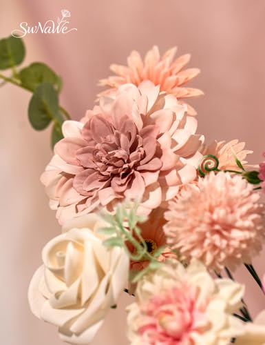Pink Flowers Artificial Roses Combo Set Fake Pink Silk Flowers Faux Peony Flowers Mix Chrysanthemum Dahlia with Stems for Wedding Bouquets Baby Bridal Shower Party Floral Arrangements Decor - color: Blush Pink, size: The Modern Classic