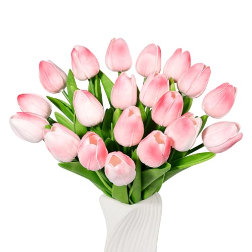 Beferr 18pcs Tulips Artificial Flowers Faux Tulip Real Touch Tulip Fake Flowers Bouquets Arrangements for Mothers Day Spring Easter Wedding Home Table Decor Blush - color: G-18pcs-1colors-blush, size: 18PCS