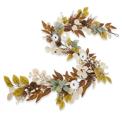 6FT Fall Garland with Cream Pumpkins, Neutral Autumn Garland with Pinecones Berries Leaves, Farmhouse Thanksgiving Decorations for Fireplace Mantel, Doorway, Staircase, Table Centerpiece - size: 6FT-BT-White