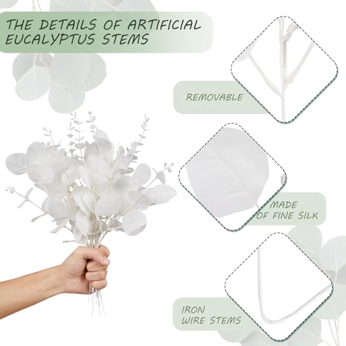 120 Pcs Artificial Eucalyptus Leaves Stems Bulk – 3 Styles Mixed Faux Silver Dollar Eucalyptus Leaves, DIY Fake White Stems for Wedding Bouquets, Floral Arrangements, Centerpieces & Home Decor - color: White Eucalyptus-120pcs