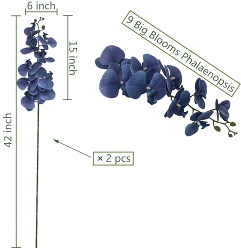 FagusHome Artificial Phalaenopsis Flowers Branches 9 Large Blooms Artificial Orchid Flowers Stem Plants 42 Inches 2 Pcs for Home Wedding Décor (Dark Blue) - color: Dark Blue