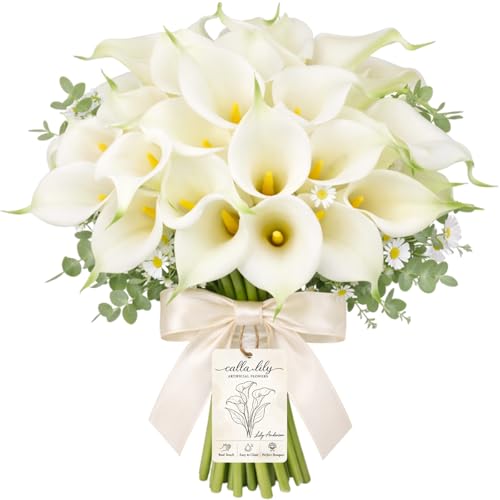 White Calla Lily Artificial Flowers 12/24/30 Pcs with Eucalyptus Leaves and Daisies, Real Touch Faux Calla Lilies Bouquet for Wedding Party Home Decor Memorial Display (Yellow, 12PCS) - color: Yellow, size: 12PCS