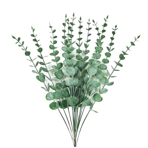 ABAJI Plastic Eucalyptus Green Spraying Frost Stems 12 Fake Faux Decorations Artificial Leaves Greenery Plant Leaf Home Office House Table Desk Decor Wedding Party Vase Forever Live - color: Green