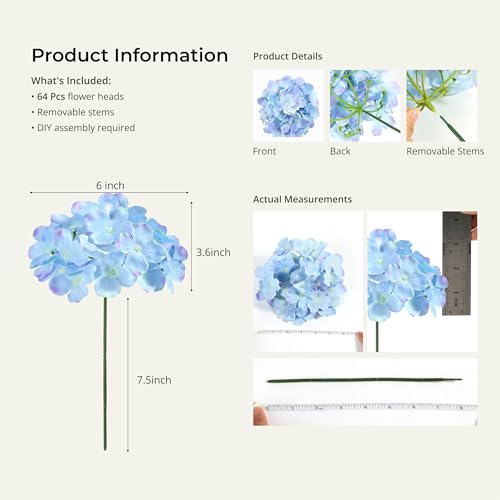 Auihiay 64 PCS Full Artificial Hydrangea Flowers, Blue Purple Silk Hydrangea Heads with Stems, Fake Flowers for Wedding Centerpieces, Baby Shower, Home, Garden, Party Decoration (Blue Purple) - color: Blue Purple