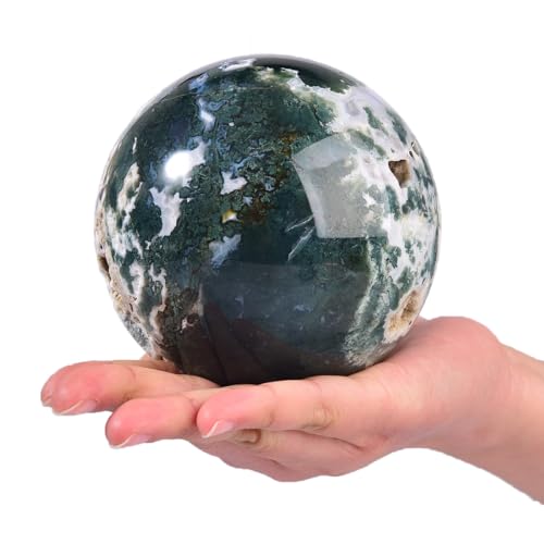 Large Moss Agate Crystal Sphere Natural Healing Crystal Ball with Stand Meditation Decorative Balls Home Decor 100-110mm/3.9-4.3" - color: Moss Agate, size: 3.9 - 4.3 inches