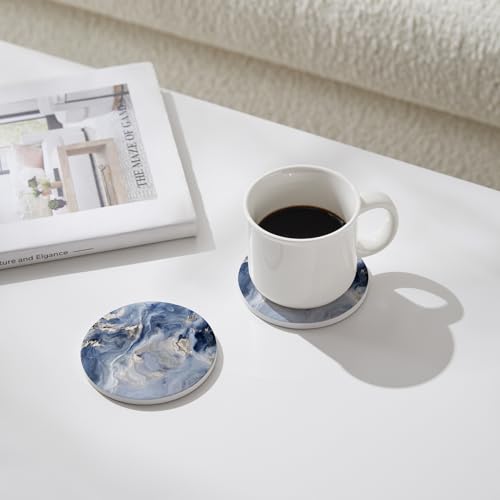 Set of 6 Navy Blue Marble Coasters with Holder,Absorbent Ceramic Coasters for Drinks, Coasters with Cork Backing for Table Protection, Housewarming Gifts for New Home - color: Navy Blue
