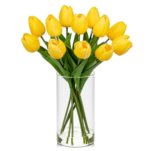 DILATATA 12 Pcs Artificial Real Touch Tulips Flowers in Glass Vase with Faux Water, Tulips Fake Arrangements Yellow Tulips with Vase for Dining Table Home Decor Wedding Centerpieces - color: Cylindrical Vase/Yellow/1 Set