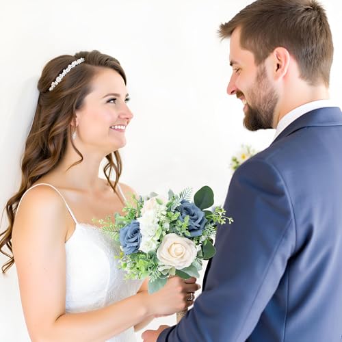 7 Inch Bridesmaid Bouquet Flowers - Artificial Bouquet for Bridesmaid Wedding Rustic Small Floral Centerpiece for Marriage Proposal Party Anniversary Dining Table Decor - Green & Dusty Blue - color: Green & Dusty Blue, size: 1pcs