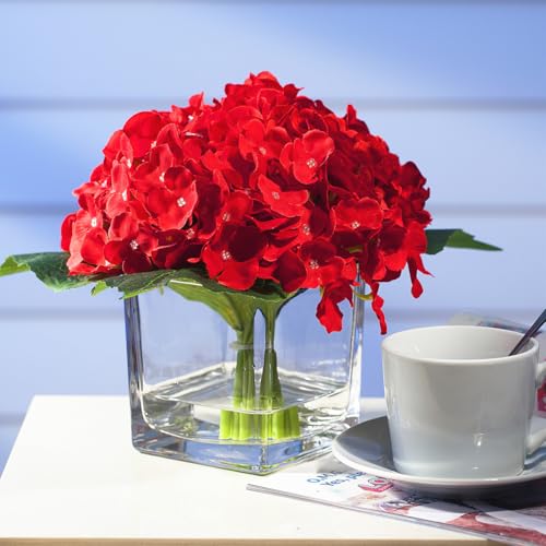 ENOVA FLORAL Silk Hydrangea Artificial Flowers in Vase with Faux Water, Silk Flower Arrangements in Vase for Home Decor, Wedding Table (Red) - color: Red