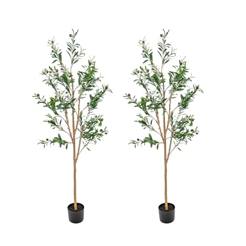 Sunnydaze Fake Olive Tree - 5ft Tall Faux Olive Tree with Pot - Indoor Artificial Plant with Black Weighted Base and Silk Leaves - Set of 2 - size: 5 ft