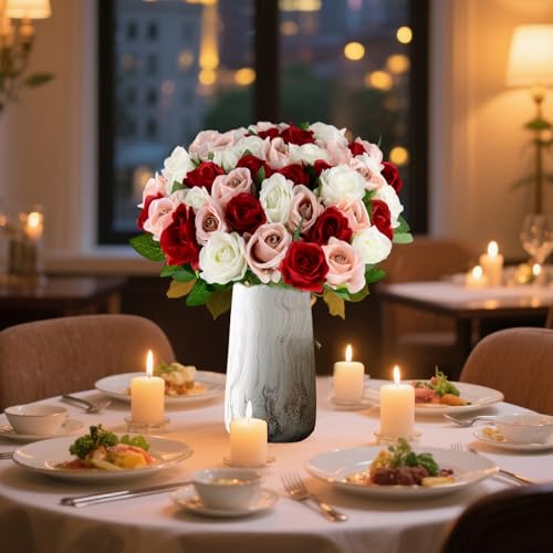 48 Pcs Silk Artificial Flowers, Fake Rose Long Stem Realistic Artificial Flowers for Wedding Arrangement Centerpiece Party Decor (16 Burgundy, 16 Coffee Pink, 16 Off-White)