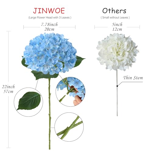 JINWOE Boho Light Blue Fake Hydrangea Artificial Flowers, 4Pcs 22" Large Lifelike Silk Artificial Hydrangeas, Full Fake Flowers for Bouquet Table Centerpieces Wedding Indoor Home - color: Light Blue