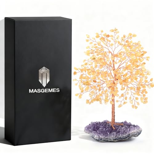 Gemstone Crystal Tree of Life,Natural Citrine(406 Stones Count) with Amethyst Cluster Base,Chakra Healing Crystals Positive Energy Fengshui Bonsai Money Tree Gift 8.5"-9" - color: Citrine With Amethyst Cluster Base