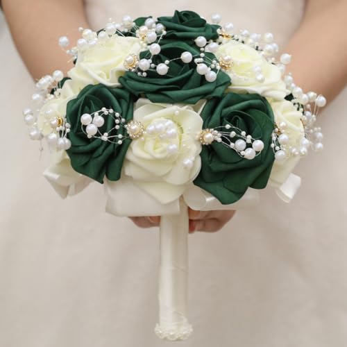 Round Green Ivory Artificial PE Rose Bouquet with Pearl and Rhinestone for Bridal Toss and Bridesmaids Suit for Wedding Party - color: Green Pearls