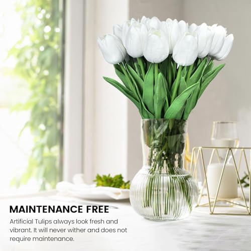 30 PCS Artificial Tulips Real Touch Tulips 13.5inch Long Stem Fake Flowers Silk Flowers for Spring Easter Mother's Day Decorations（White） - color: White