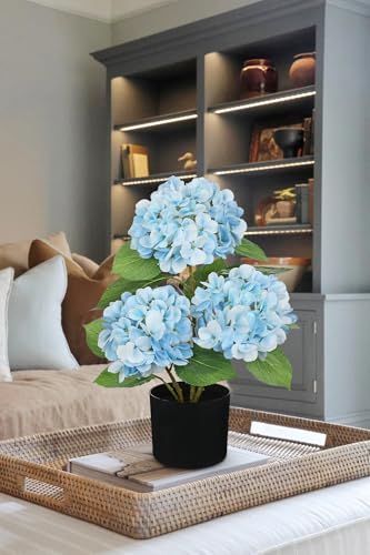 Hollyone Light Blue Hydrangea Artificial Flowers Plant Potted 19.7" Faux Silk Hydrangea Flower Tree Arrangements for Home Bathroom Office Table Centerpiece Shelf Decorations - color: Light Blue, size: 3 Head Hydrangea