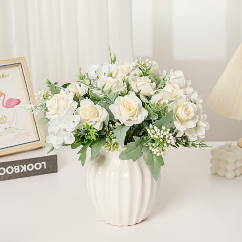 Artificial Flower 4 Packs 5 Branches Silk Fake Flowers Bouquet Small Roses for Wedding Home Office Tables Decor (White) - color: White-1
