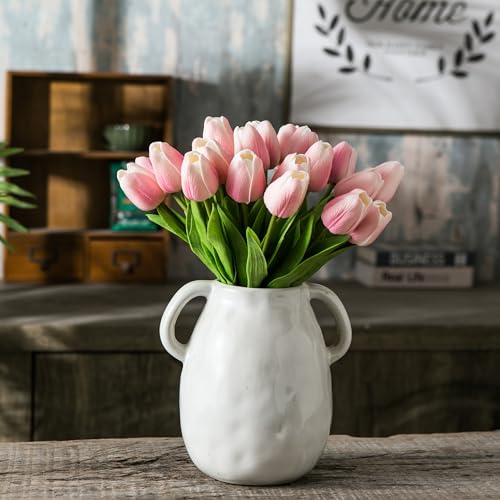 Tanvecle 20pcs Pink and White Artificial Tulip Flowers, Silk Fake Flowers 13" for Mother's Day, Easter, Valentine’s Day Gifts in Bulk, Home, Kitchen, Wedding Decorations - color: Pink-white