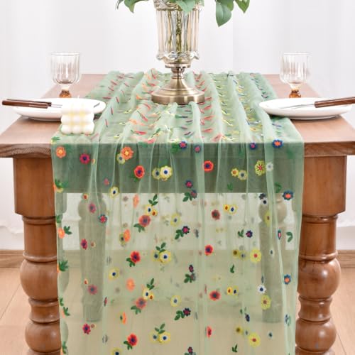 Joanlody 3pcs Sage Green Embroidery Daisy Spring Summer Table Runner Florals Seasonal Tulle Table Runner for Home Garden Tea Party Holiday Birthday Decoration - color: Sage Green, size: 10ft x 3pack
