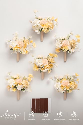 Ling's moment Artificial Cream Bridesmaid Bouquets Set of 6,Yellow Wedding Flower Bouquets Brown Floral Bouquet Bridal Bouquets with Ribbon Ceremony Anniversary,7-inch Diameter - color: Brn-soft Peach & Brown
