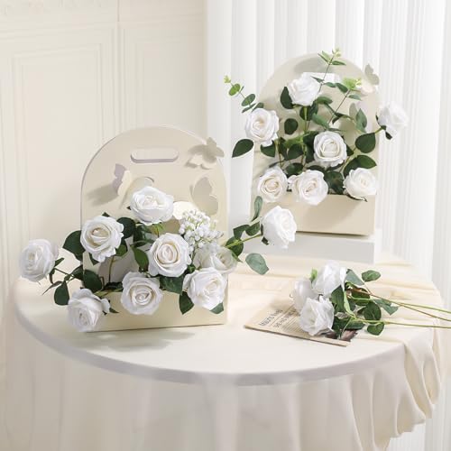 Hawesome 12PCS Artificial Flowers Fake Roses, Realistic Velvet Long Stem Red Roses Bouquet for Wedding Centerpiece Home Decor Party & Valentines (White) - color: White