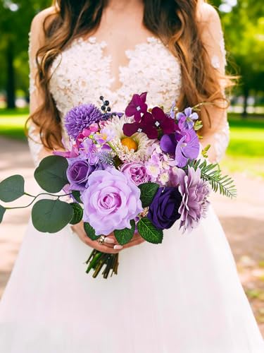 Fake Flowers Artificial Flowers Peonies Bulbous Chrysanthemum Daisy Hydrangea Sunflower Violets Dahlia Daffodils Epiphyllum Orchid Cherry Blossom Camellia Leyaron Floral Arrangements (Purple&Pink) - color: Royal Purple