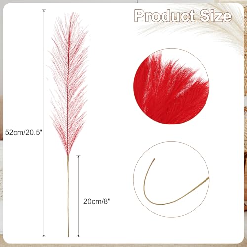 uxcell 50 Pcs Faux Pampas Grass 52cm/20.5" Artificial Fake Dried Pampas Grass Decor with Stem for Floor Vase Filler, Wedding Decoration, Home Decoration, Red - color: Red